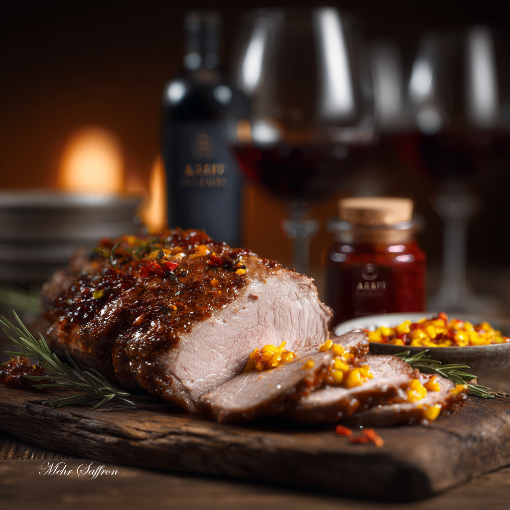 Mehr Saffron - Roasted Leg of Lamb with Saffron & Olive Salsa