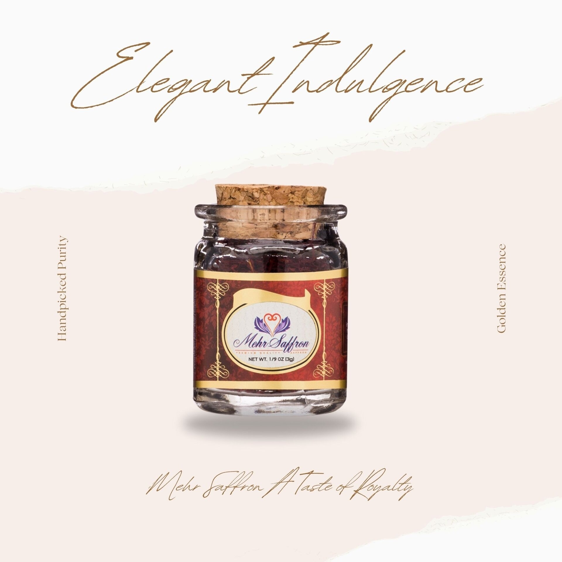 Premium all-red saffron in a glass jar with cork lid, showcasing handpicked purity and golden essence, perfect for enhancing culinary dishes with authentic Persian saffron.