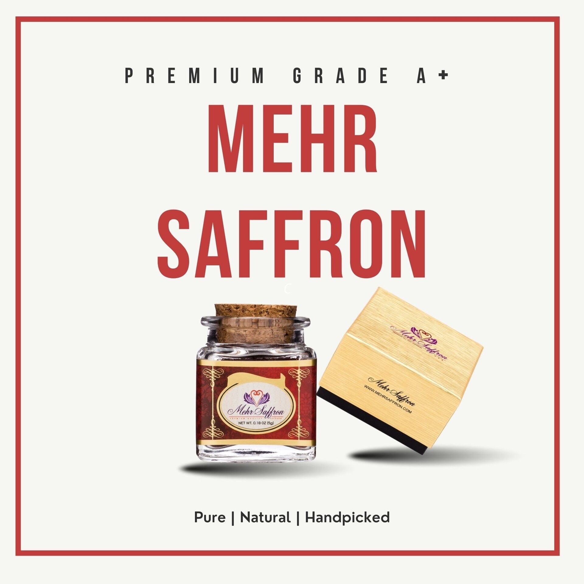 Bright red all-red premium saffron in a glass jar with a cork lid, showcased alongside a branded wooden box, emphasizing high-quality, natural, and handpicked saffron for culinary excellence.