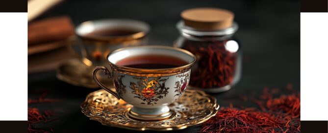 Rich red saffron tea in elegant porcelain cups with gold accents, surrounded by saffron threads and a jar of saffron, highlighting the premium quality of Mehr Saffron’s all-red saffron.