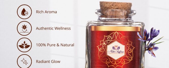 Premium all-red saffron in a glass jar with a cork lid, highlighting high-quality, pure, natural, and aromatic saffron threads. The packaging emphasizes elegance and authenticity, suitable for gourmet cooking and health benefits.