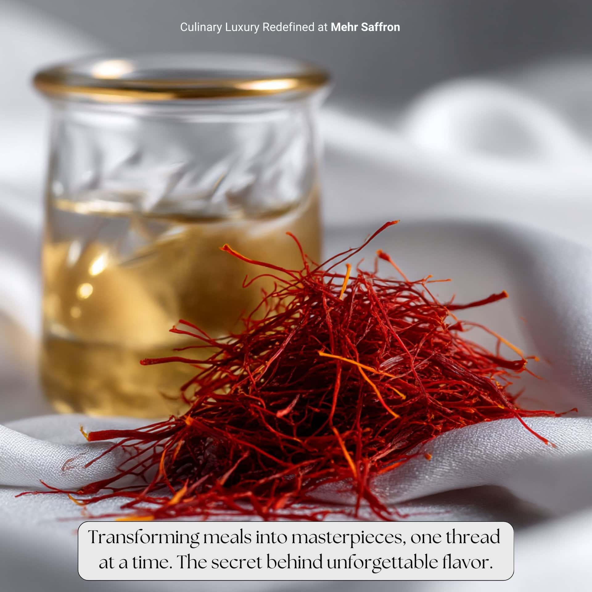 Homemade saffron root and saffron extract in a glass jar with a white silk cloth background, highlighting premium all-red saffron quality for culinary luxury.