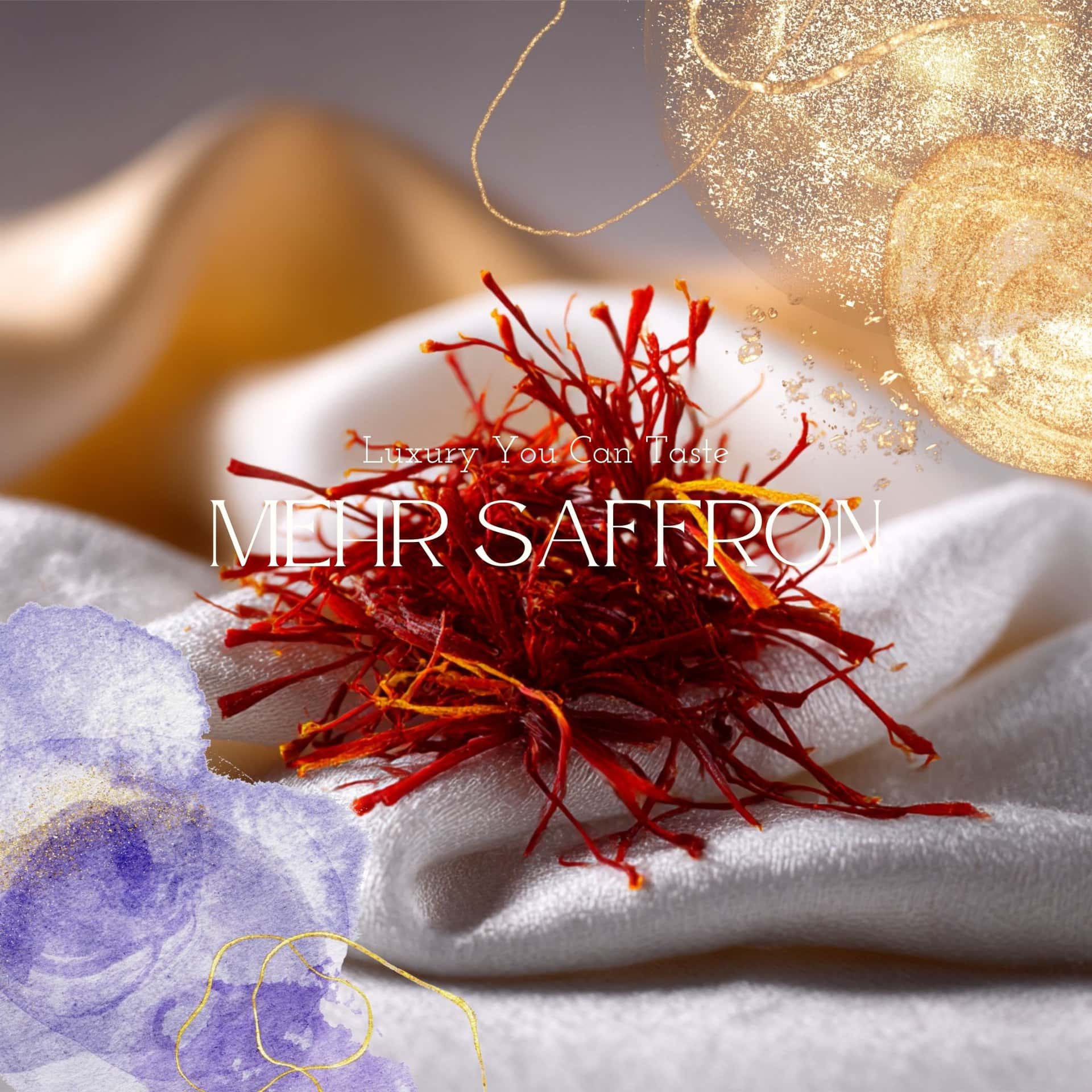 Vibrant red saffron threads arranged on silky white fabric with decorative gold accents and soft pastel watercolor elements, emphasizing premium quality and luxury.