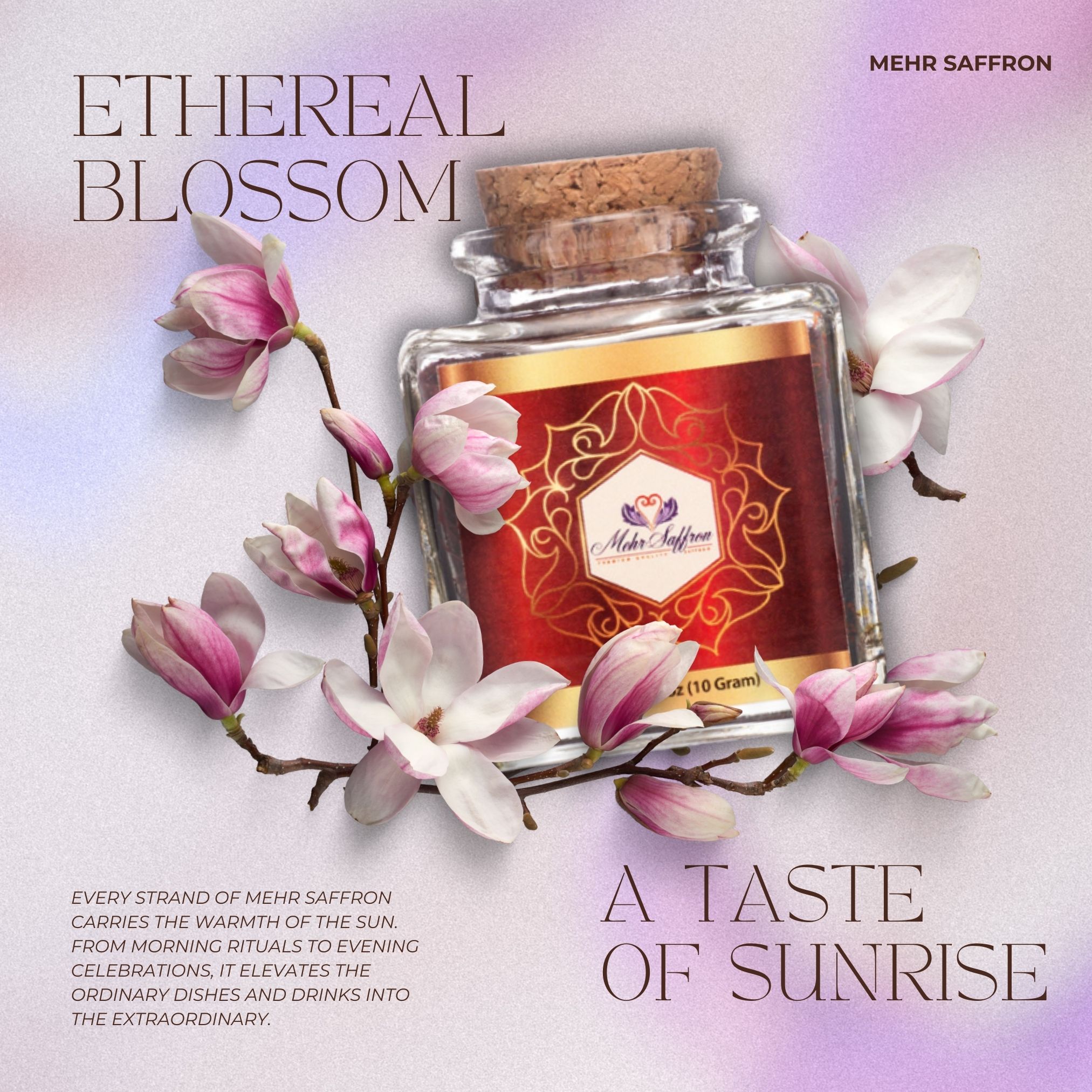 Rich all-red saffron threads in a glass jar with floral accents, showcasing premium Mehr Saffron all-red saffron for culinary and wellness use.