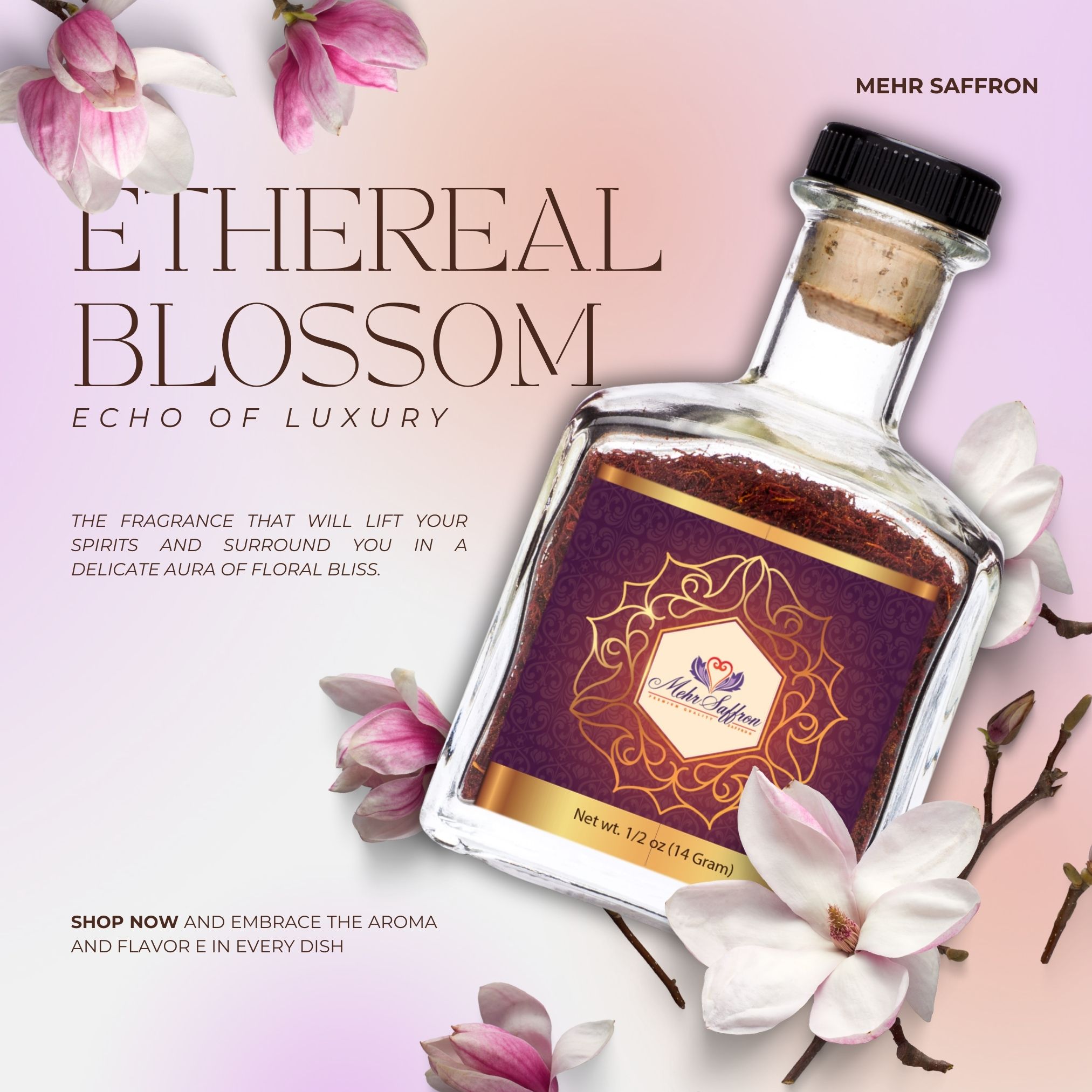 Rich red saffron threads in a glass jar on a soft pink background with delicate magnolia flowers.