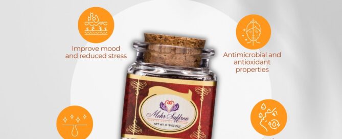 Premium all-red Mehr Saffron in a glass jar with a cork lid, showcasing 100% pure saffron with no additives, ideal for enhancing rice, sauces, dairy drinks, and herbal remedies.